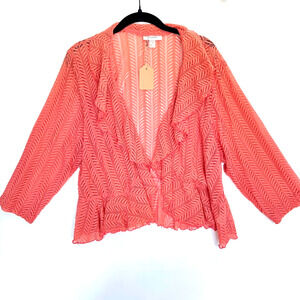 Dressbarn Coral Lace Cardigan Ruffle Open Front Stretch Lightweight Size 18